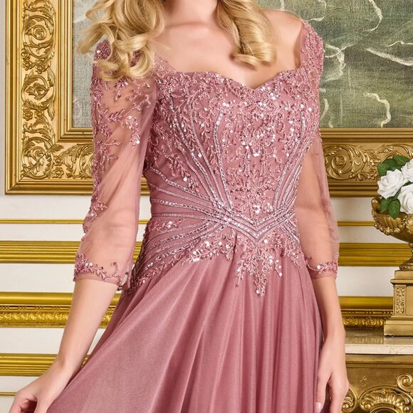 New Olive Beads Embellished A-Line Maxi Mesh Mother Of Bride Dress GL3787 - Picture 5 of 14